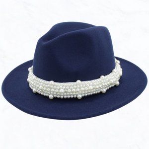 New Style Navy Blue Fashion Fedora Jazz Hat with Wide Pearl Belt